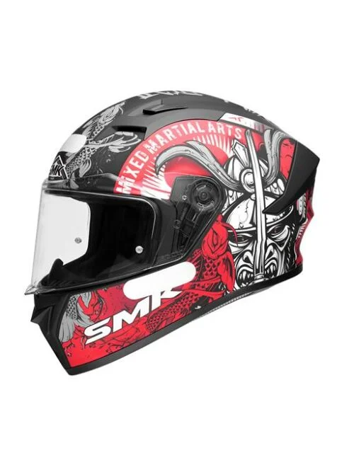 Capacete Fechado SMK Stellar Samurai Preto, Cinza e Vermelho MA263